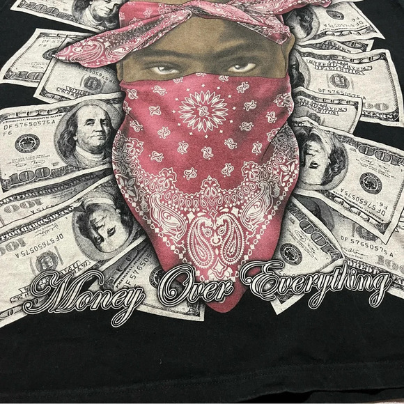 Vintage Tupac 2Pac Red Bandana Money Over Everything Graphic Tee Size 3XL Street - Picture 3 of 7